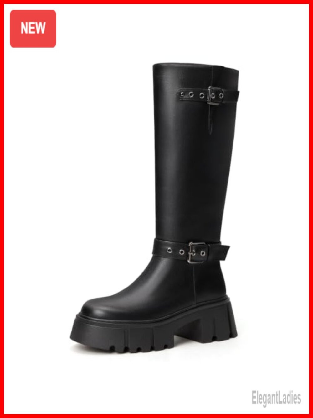 Faux Leather Platform Knee High Boots Chunky Heel Tall Side Zip